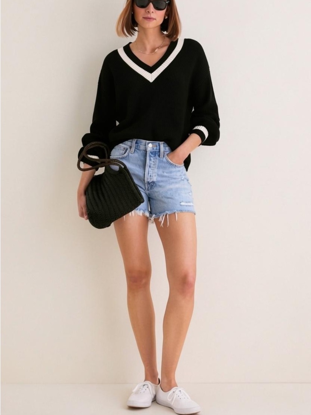NWT Tuckernuck Black Cream Striped Ashe V neck Sweater Sz L - Picture 3 of 16